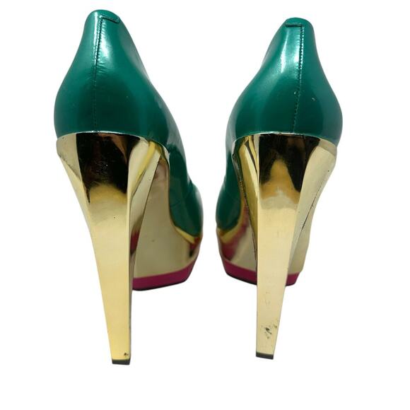 B Brian Atwood Leonida Turquoise Multi Platform Metal Gold Pump Heel Size US 10 - Picture 7 of 12
